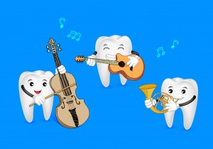 Teeth characters playing musical instruments