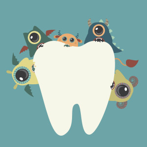 Monsters are attacking tooth. Cute vector illustration for children.